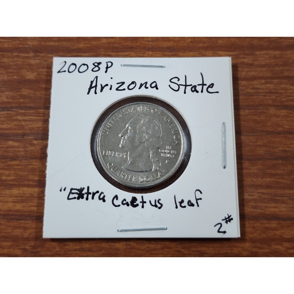 2008-P United States Arizona State Quarter Featuring A Possible Minor Extra Cactus Leaf Error! 