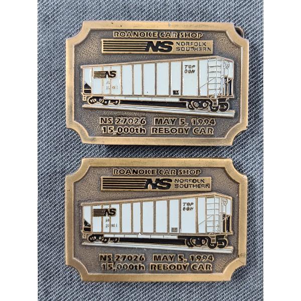 Two Norfolk Southern Roanoke Car Shop 1994 15,000th Rebody Car Belt Buckles