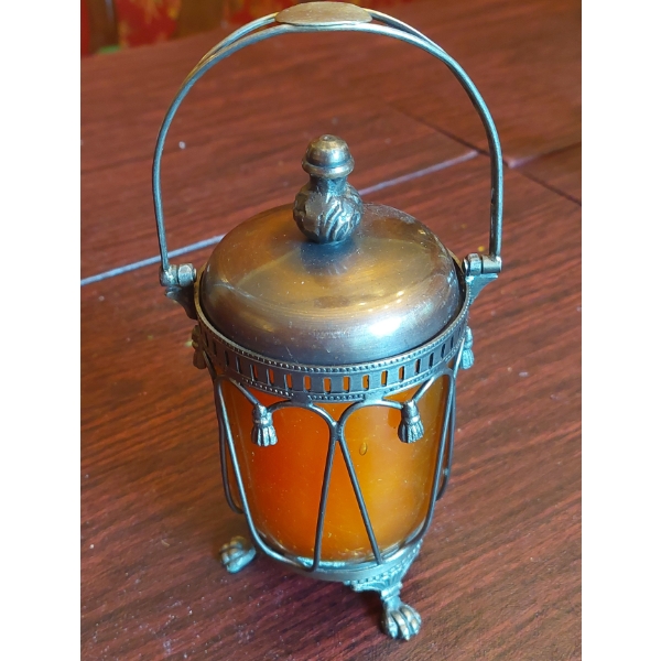 Vintage Amber Glass & Metal Lidded Candle Lamp - As Shown Mint Condition
