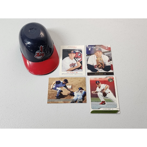 4 Assorted 2001/2002 Indians Baseball Cards & Indians Mini Baseball Cap Bowl