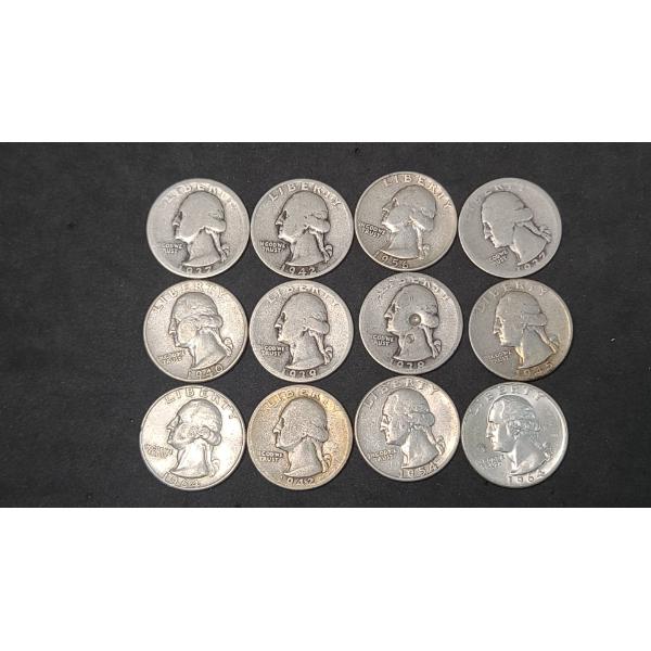 Assorted Years/Mint Marks United States 90% Silver Washington Quarters - Face Value: $3.00