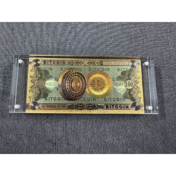 Rare One Hundred Bitcoin .999999 Gold Foil Note In Large Protective Holder