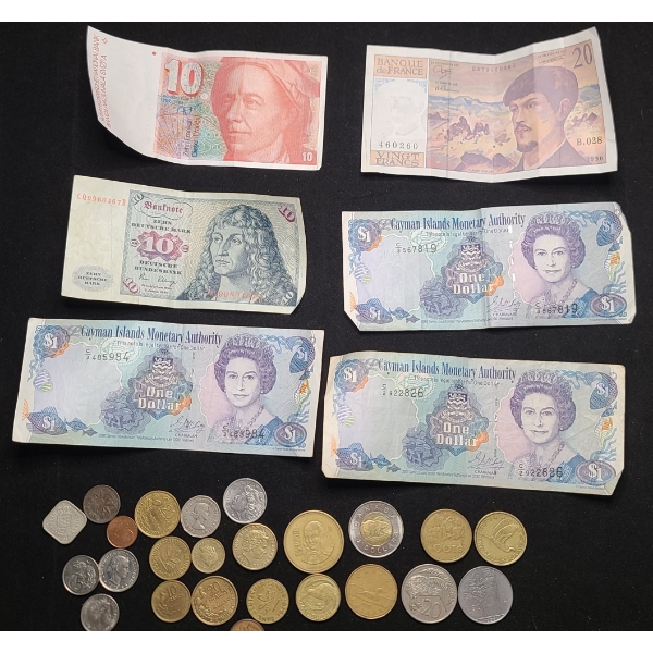 Assorted Foreign Paper & Coin Currency Featuring Cayman Islands, German, French Currency & More