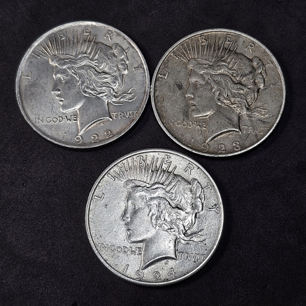 (3) Silver Peace Dollars - 1923D, 1924, 1922