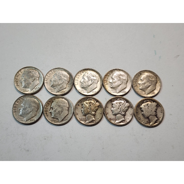 x10 Assorted Years 90% Silver Roosevelt & Mercury Dimes Face Value $1.00