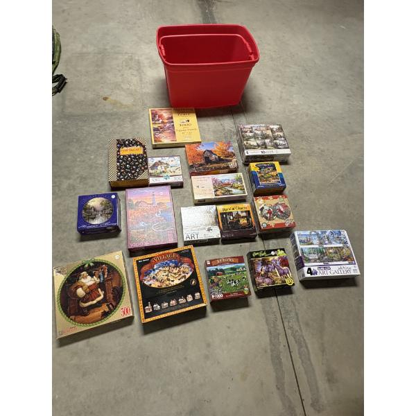 *Pick Up At Mantua Home-No Shipping Available* Red Storage tote full of Puzzles - Christmas - Houses
