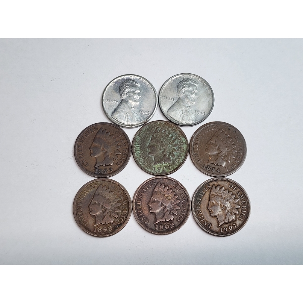 (8) Assorted Years U.S. Cents Including Steel Pennies and Indian Head Pennies 