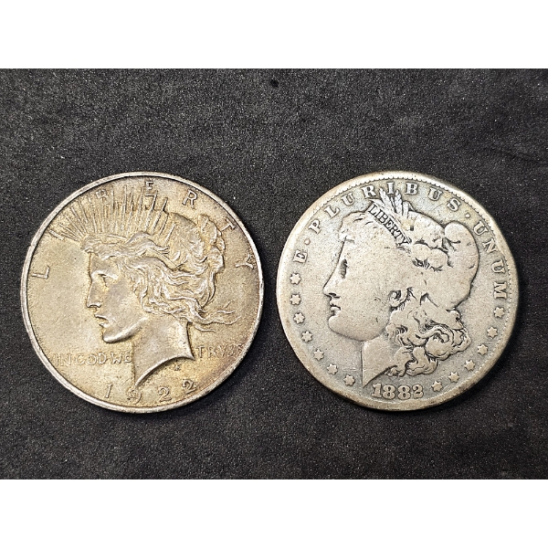 1922-D Silver Peace Dollar and 1882-O Morgan Silver Dollar