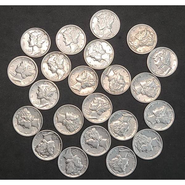 Assorted Years/Mint Marks 90% Silver Mercury Dimes - Face Value: $2.00