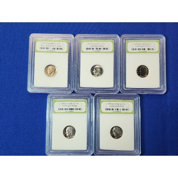 x5 INB Roosevelt Dimes Including Brilliant Uncirculated & DCAM Gem Proof, Assorted Years