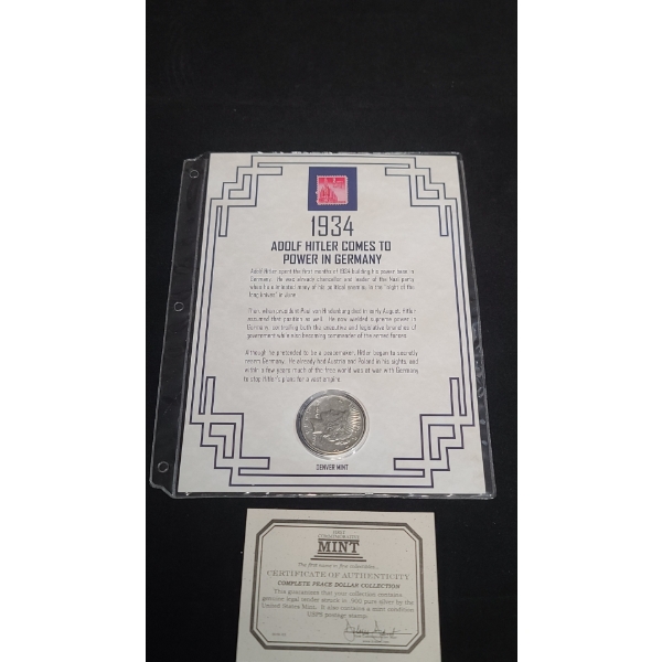 1934-D Silver Peace Dollar in First Commemorative Mint Display With Stamp