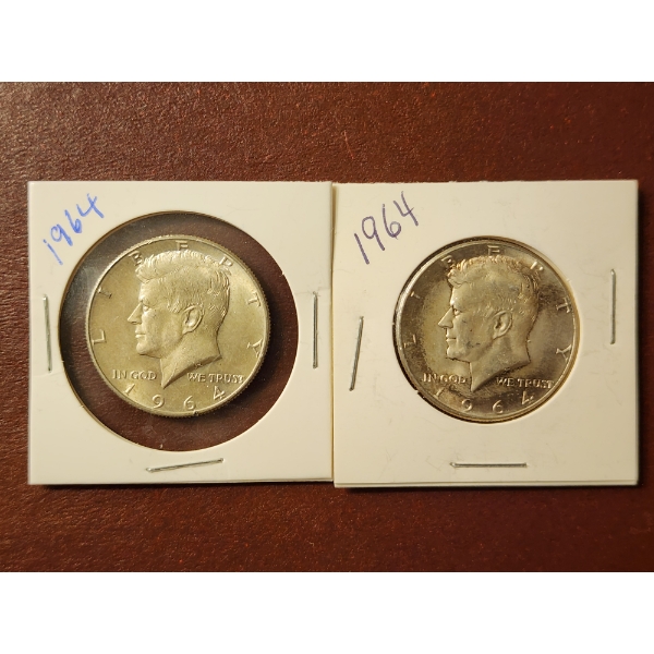 TWO STUNNING 1964 United States 90% Silver Kennedy Half Dollars Including One With Incredible Toning