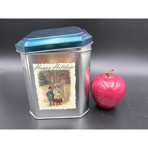 Happy Holidays Christmas Tin & Vintage Red Marble Apple Paperweight with Brass Stem 