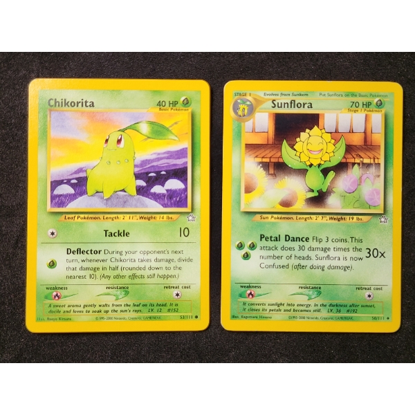 Two Vintage Neo Genesis Pokemon Trading Cards - Chikorita 53/111 & Sunflora 50/111