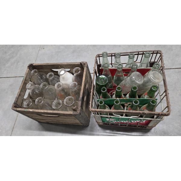 Collectable Glass Milk Bottles And Wood Crate & Wire Crate With Soda Bottles 