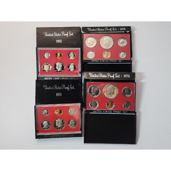 x4 United States Proof Sets: 1982, 1976, 1981, 1976 In Original Packaging