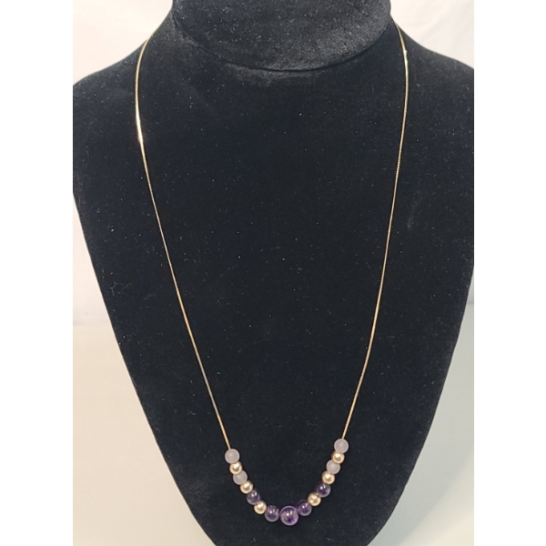 14K Gold 20" Necklace With Amethyst And Other Beads - Total Weight: 3.2g