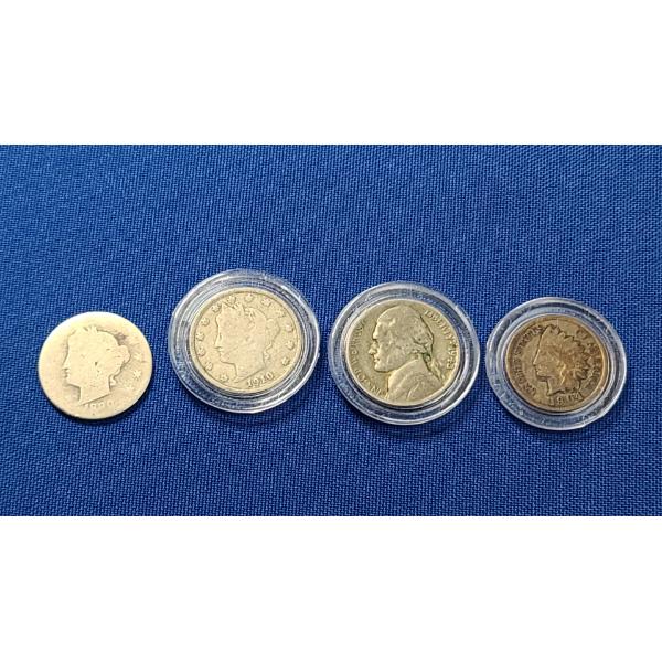 1820, 1910 V Nickels, 1943 Silver War Time Nickel & 1904 Indian Head Penny - Face Value: $0.16