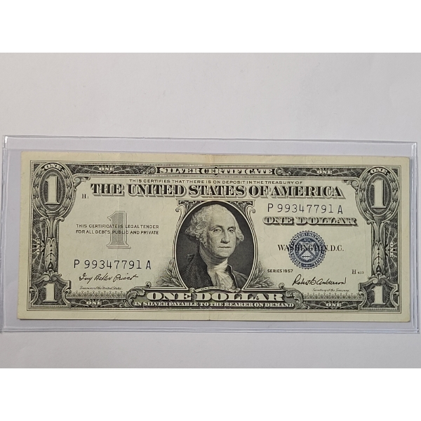 Crisp U.S 1957 $1 Silver Certificate With Priest And Anderson Signatures In Protective Sleeve