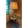 Image 1 : Tall Brass Bedroom Lamp / Round Table Combination - Includes Decorative Item Shown