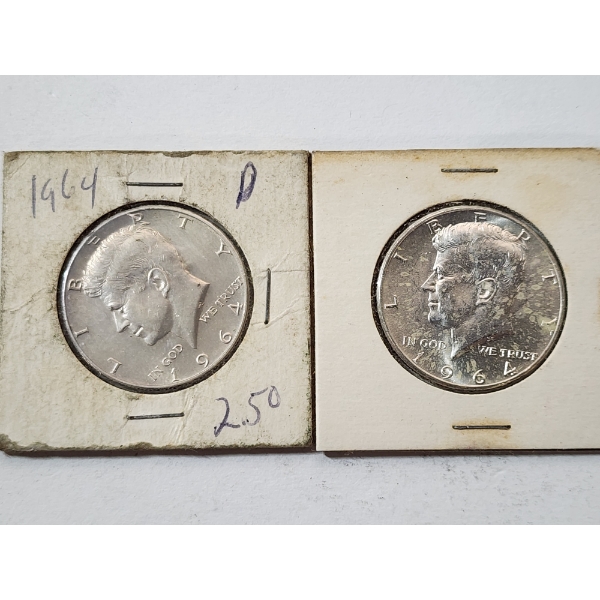 Two 1964 90% Silver Kennedy Half Dollars 