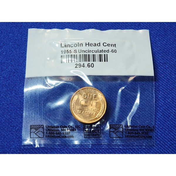 1955-S Lincoln Head Cent Uncirculated-60 - In Sealed Package - Littleton Coin Co. 