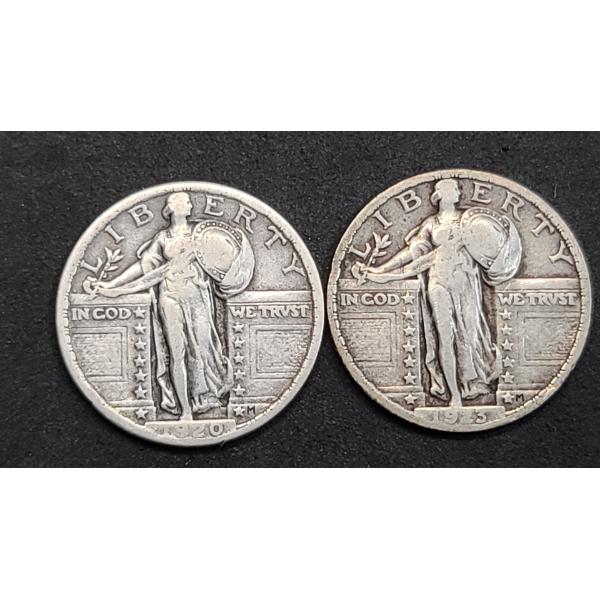 1920 & 1923 90% Silver Standing Liberty Quarters - Face Value: $0.50