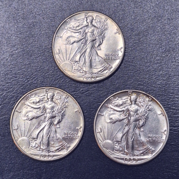 3 Pcs Walking Liberty Half Dollars - 1939 P / D / S - See Pics