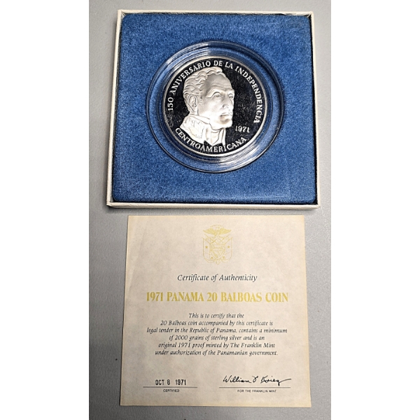 .925 Sterling Silver Republic De Panama 20 Balboas Coin - Total Weight 131.4 Grams