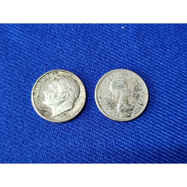 Silver Dimes: 1962 Roosevelt 90% Silver Dime & 1963 Canadian Silver Dime ASW: 0.0594oz