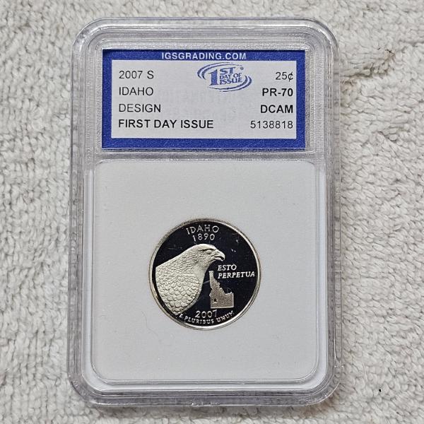 2007-S 90% Silver Idaho State Quarter certified as PR-70 Deep Cameo (DCAM) by IGS Grading