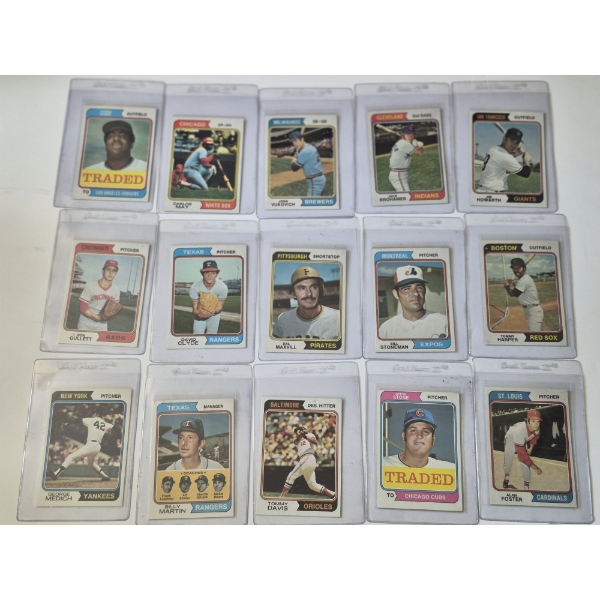 MINT 1974 TOPPS BASEBALL CARDS - 15 ASSORTED SLEEVED CARDS IN NEVER TOUCHED FRESH CONDITION 