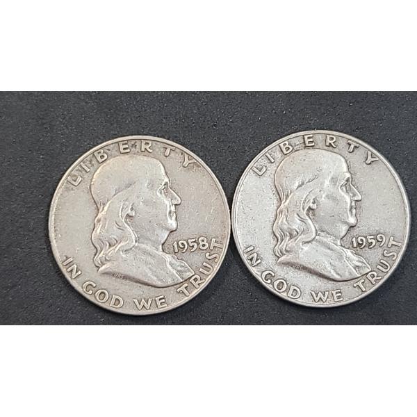 United States 1958-D & 1963 90% Silver Franklin Half Dollars - Face Value: $1.00