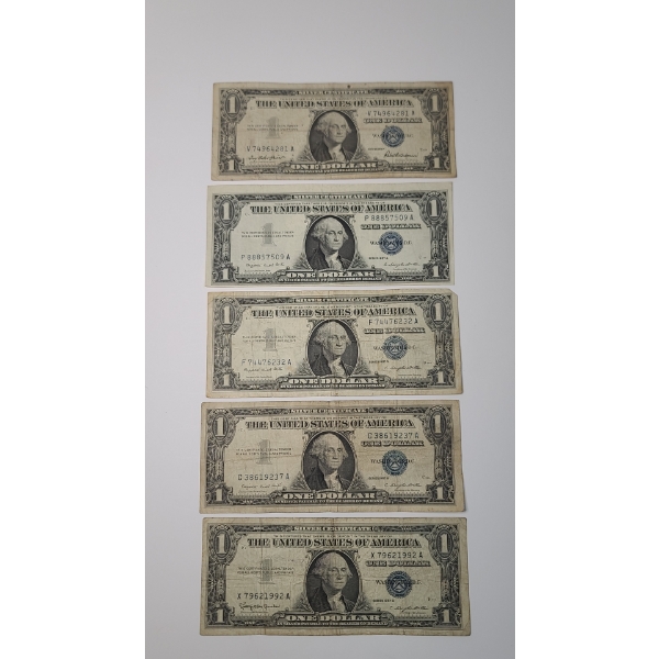 1957, 1957 A, 1957 B $1 Silver Certificate Bank Notes - Face Value: $5.00