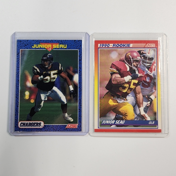 Two Junior Seau San Diego Chargers & USC Football Trading Cards