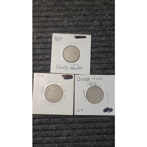 (2) Barber Nickels 1898 & 1902 (1) Shield Nickel 1867