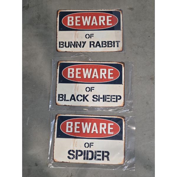 Three Brand New 12''x8'' Tin Decorative Signs. Beware Of Bunny, Black Sheep & Spider Designs 