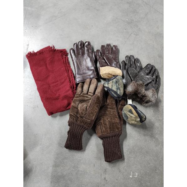 Lot of Leather Gloves, Scarf, and Earmuffs 