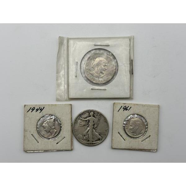 Walking Liberty Half , Two Silver Dimes, & Susan B Anthony Dollar