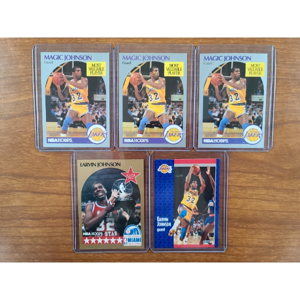 Lot of 5 Assorted Earvin Johnson Basketball Cards - NBA Hoops & Fleer