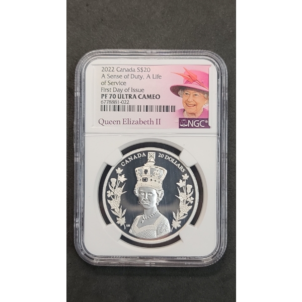 2022 NGC 1st Day Of Issue £20 PF 70 ULTRA CAMEO A Sense Of Duty, A Life Of Service 1 oz 99.99 Silver