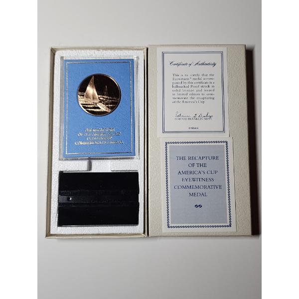 The Franklin Mint "The Recapture Of The America's Cup" Eyewitness Solid Bronze Medal w/ Display
