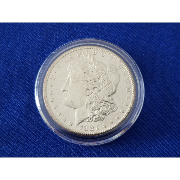 Brilliant Uncirculated 1881-S 90% Silver Morgan Dollar in Capsule