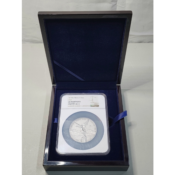 Incredible 2019 Mo Mexico 5 Onzas .999 Silver Coin Graded by NGC MS 70 Antiqued in Nice Display Box