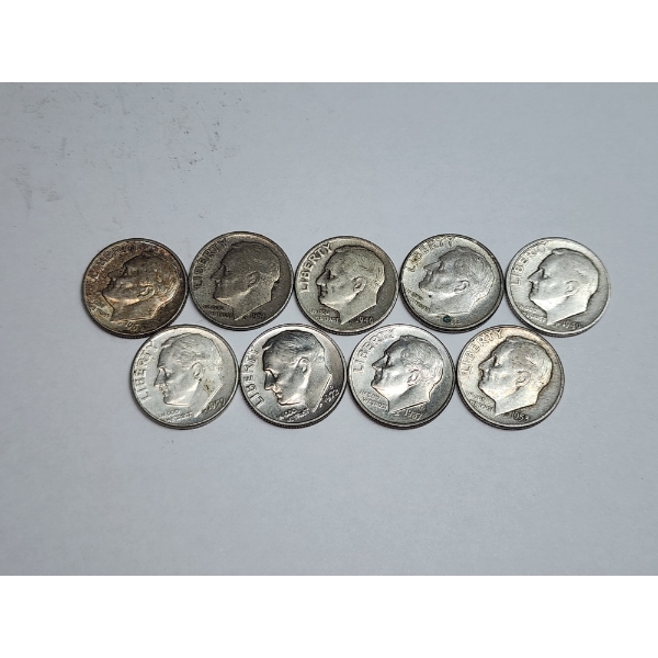 (9) Assorted Years 90% Silver Barber Dimes - FV: $0.90