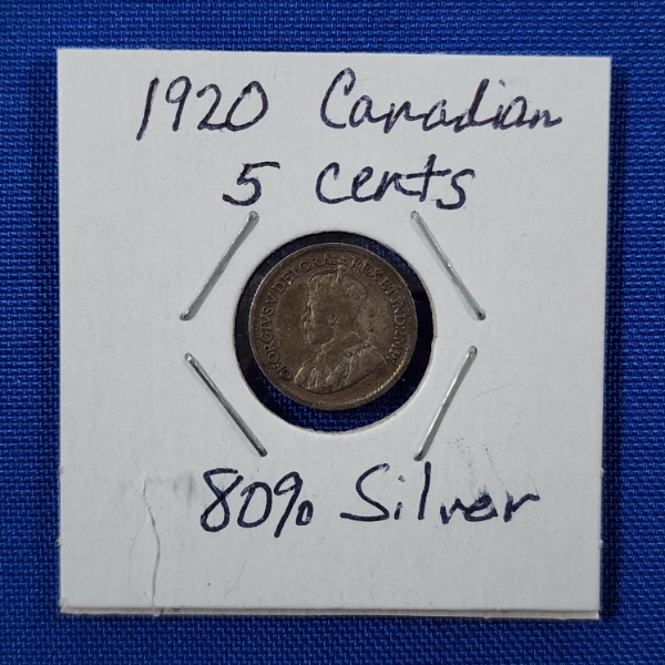 1920 Canadian 80% Silver 5 Cent Coin 