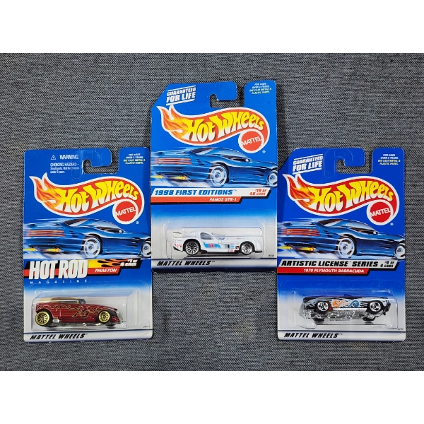 Three NEW IN BOX Mattel Hot Wheels Ft Phaeton, Panoz GTR-1 & Plymouth Barracuda