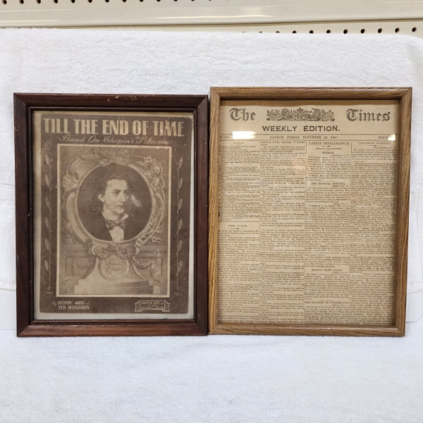 Two Framed Newspaper Articles & Cut Outs ~ London The Times Weekly Edition & Till The End of Time