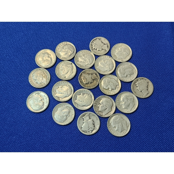 Assorted Years 90% Silver Roosevelt and Mercury Dimes - Face Value: $2.00