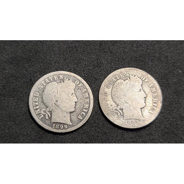 (1) 1899 & (1) 1903 90% Silver Barber Dimes 